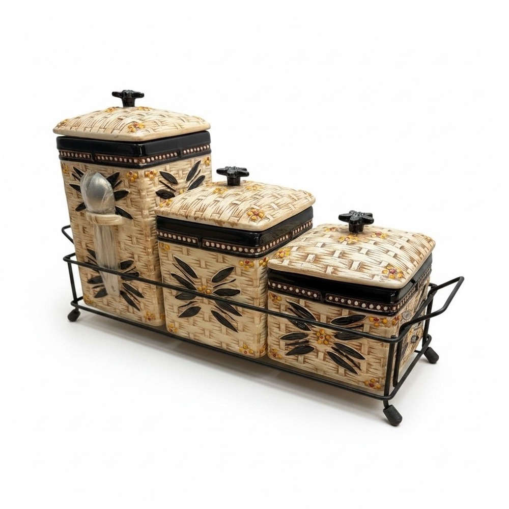 Temp-tations Old World Black Spice Sugar Canister Set 3 Wire Caddy Scoop Lids